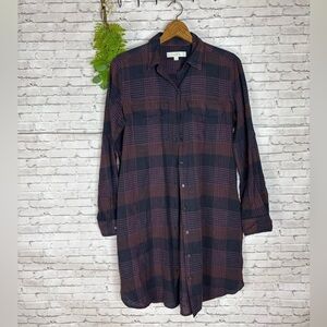 Ann Taylor Loft Maroon Navy Blue Plaid Cotton Button Down Dress